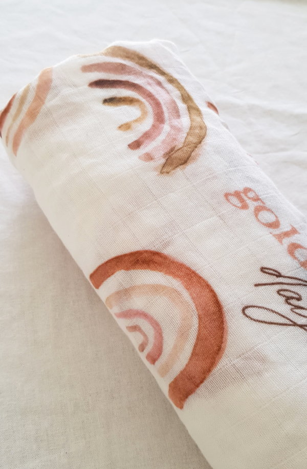 Close up view of Golden Days Rainbow Muslin Swaddle