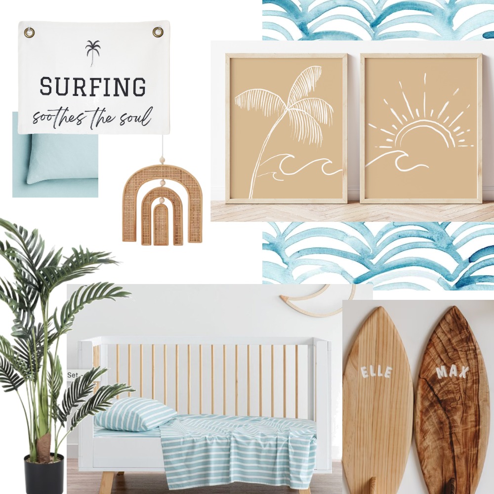 boy nursery decor, boy surf bedroom ideas, surf nursery inspo