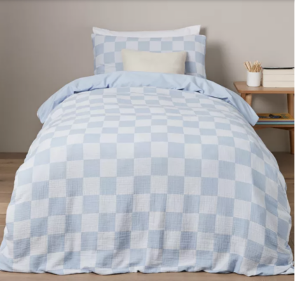 Boy's checkerboard cotton quilt cover in ocean blues.